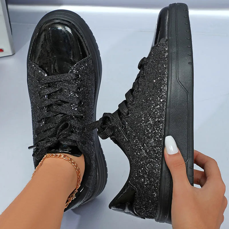 Glitter Sequin Design Flats Shoes Women Trendy Casual Thick-soled Lace-up Sneakers Fashion Skateboard Shoes - Bellarte Enchanté Glitter Sequin Design Flats Shoes Women Trendy Casual Thick-soled Lace-up Sneakers Fashion Skateboard Shoes